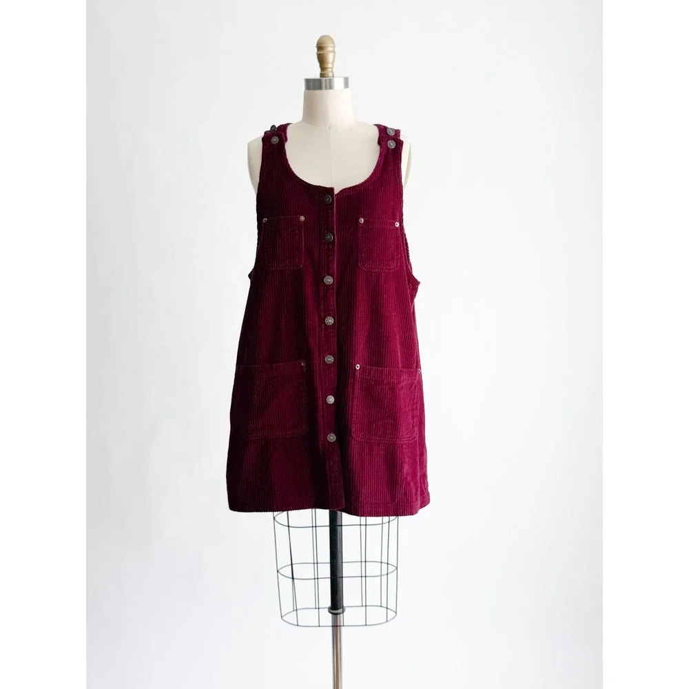 Basic Editions Corduroy Jumper Dress Vintage Pinafore Large Burgundy Button Up